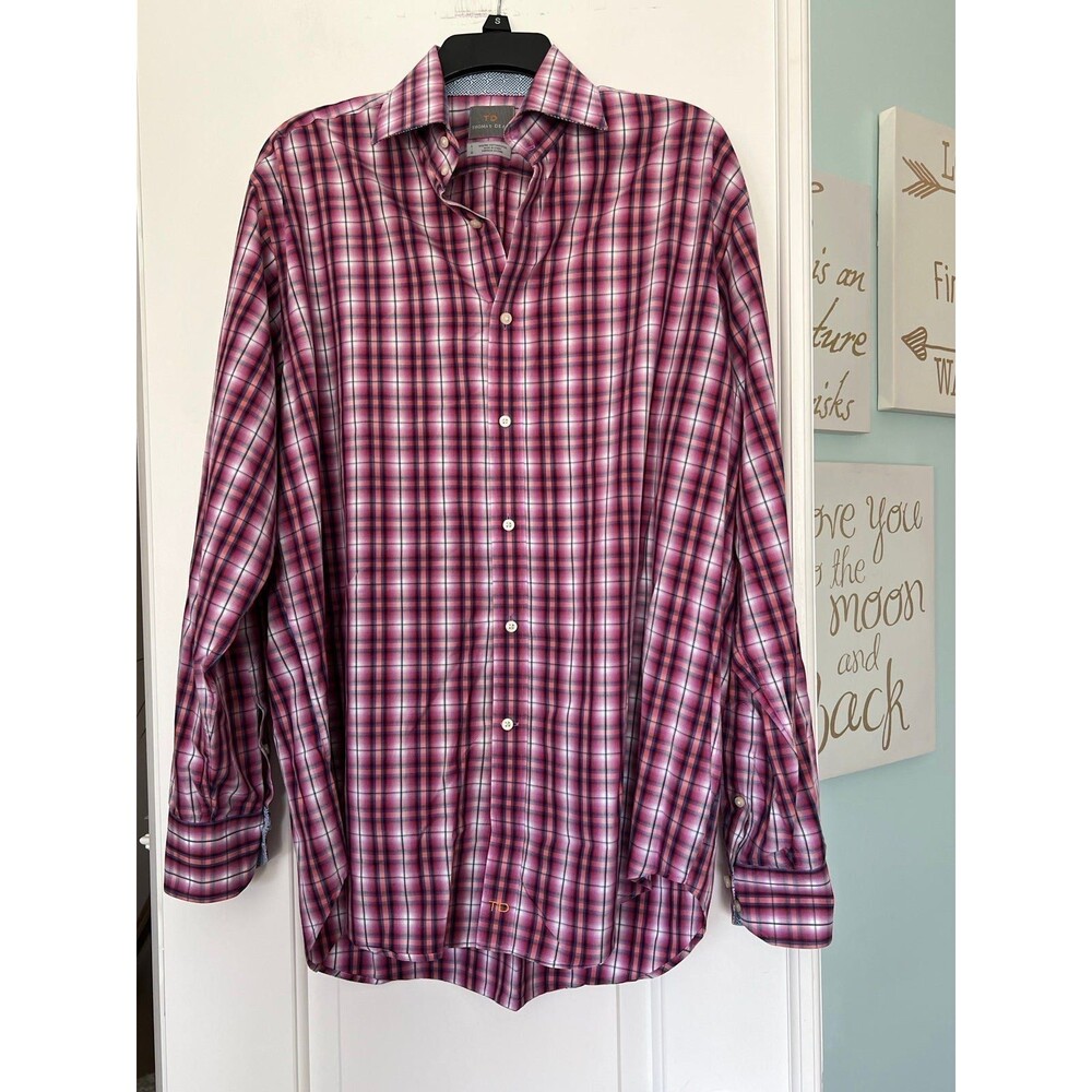 Thomas Dean Shirt Mens Large Pink Purple White Plaid 100% Pima Cotton Button Up
